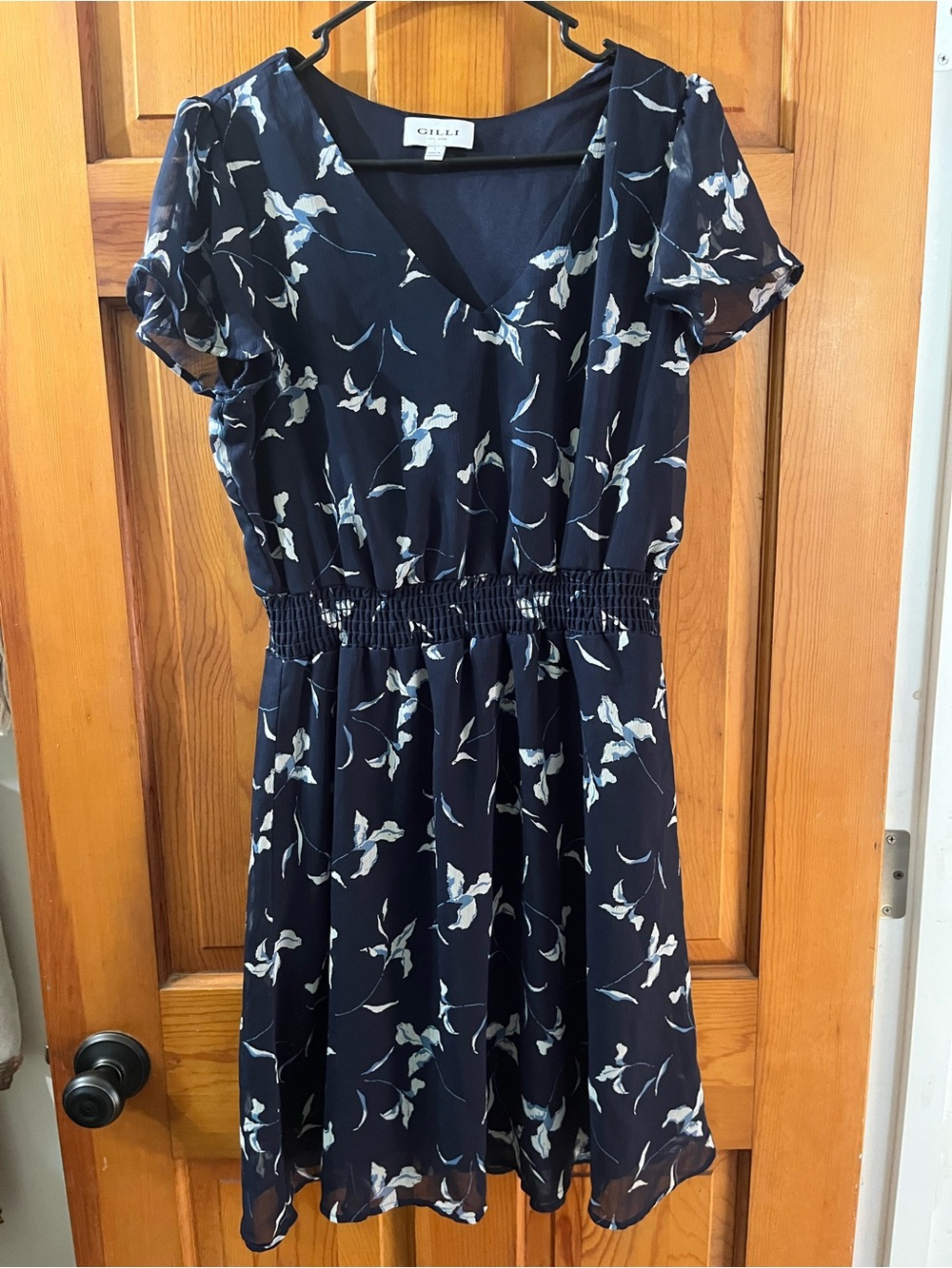 Gilli Blue Knee Length Floral Dress Cinched Waist Fairy Whimsical Teacher L